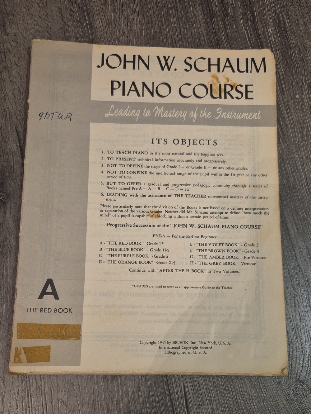 JOHN W. SCHAUM PIANO COURSE A The Red Book Vintage Piano Music 1945 - Vintage